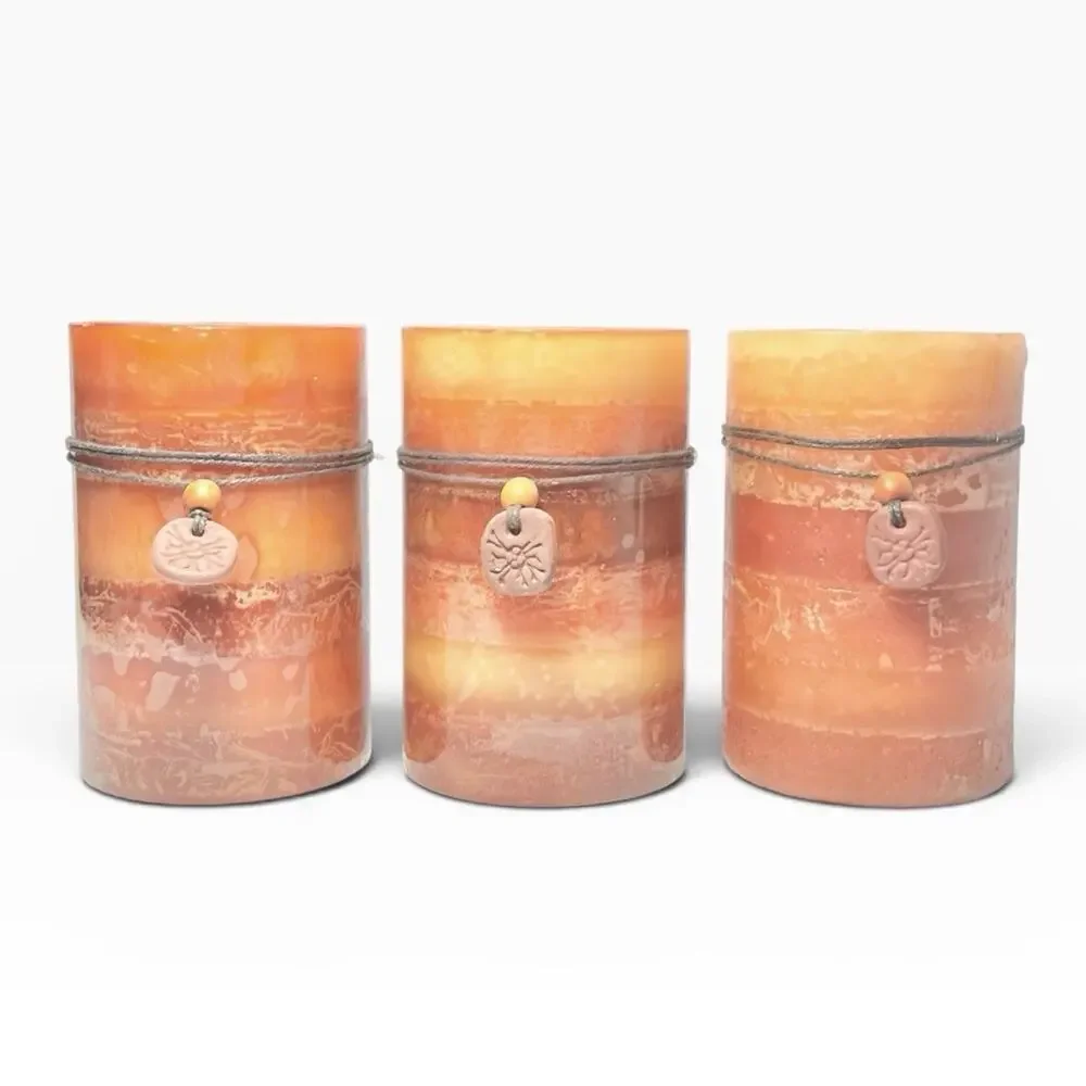 Pier 1 Imports Retired Set of 3 Ginger Peach Orange Large Pillar Candles 4”x6”
